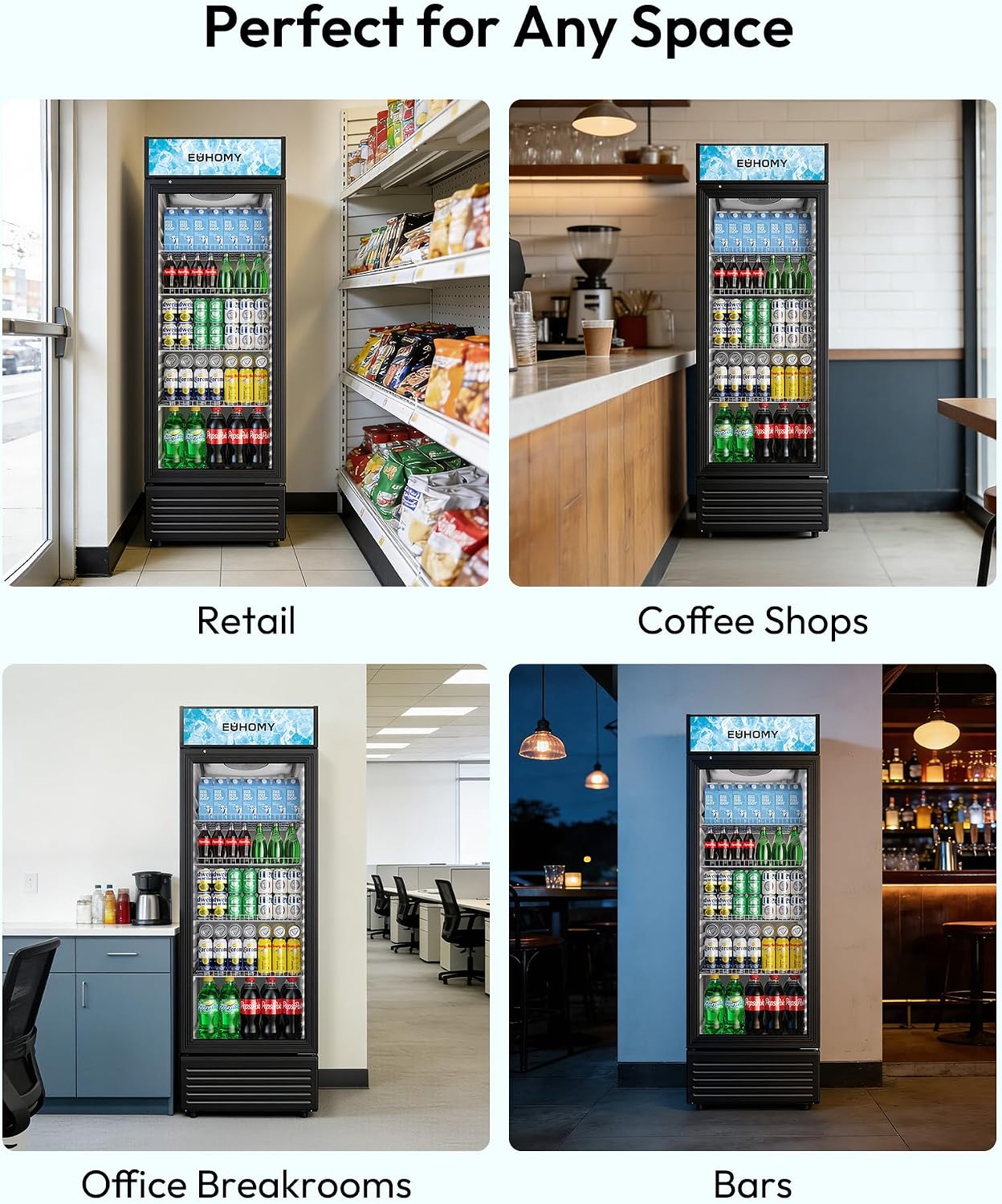 EUHOMY Commercial Refrigerator Glass Door, 12 Cu.Ft Commercial Beverage Refrigerator with Soft LED Light, Adjustable Shelves, Display Refrigerator for Restaurant Cafe Bar, ETL Listed