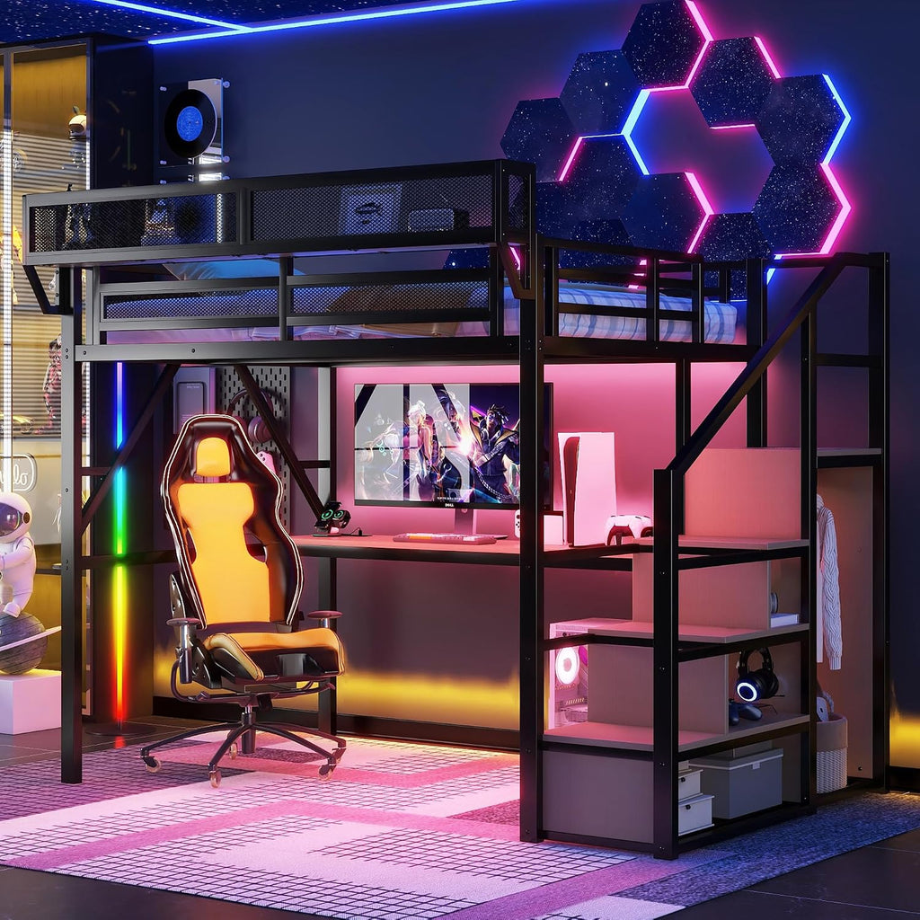 Mirightone Full Size Loft Bed with Stairs & Desk, Metal Loft Bed Frame with LED and Charging Station, High Loft Beds Gaming Lofted Full Bed with Storage Shelf for Kids and Teens (Black+Natural)