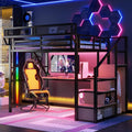 Mirightone Full Size Loft Bed with Stairs & Desk, Metal Loft Bed Frame with LED and Charging Station, High Loft Beds Gaming Lofted Full Bed with Storage Shelf for Kids and Teens (Black+Natural)