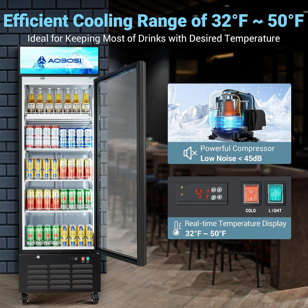 AAOBOSI Commercial Merchandiser Refrigerator,17.1 Cu.Ft Glass Door Display Refrigerator,Upright Beverage Cooler Fridge with Soft LED Light, Customizable Lightbox,Universal Casters,Adjustable Shelves