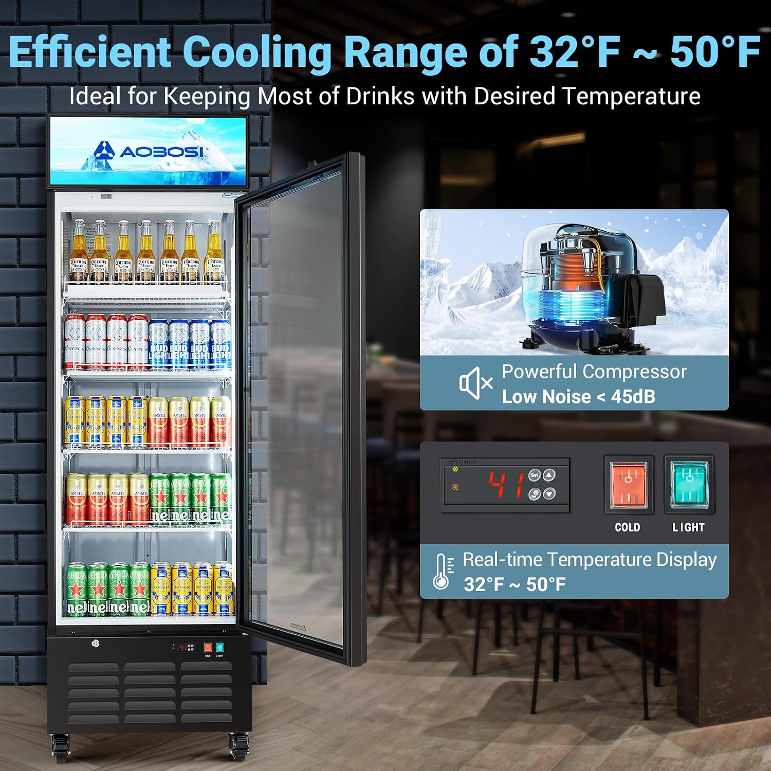 AAOBOSI Commercial Merchandiser Refrigerator,17.1 Cu.Ft Glass Door Display Refrigerator,Upright Beverage Cooler Fridge with Soft LED Light, Customizable Lightbox,Universal Casters,Adjustable Shelves
