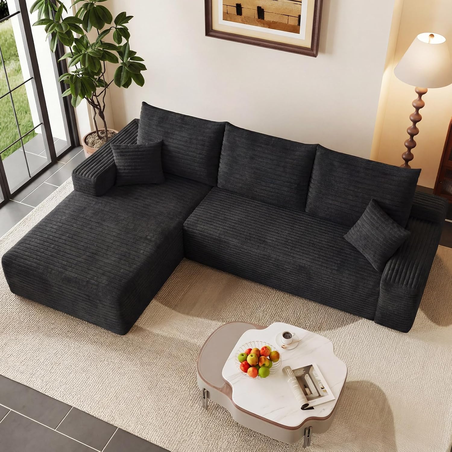 95' Modular Sectional Couch, Boneless L Shaped Cloud Sofa with Chaise Lounge, Corduroy Upholstered Couches Memory Foam Deep Seat, No Assembly Required, Ideal for Living Room(Black, Left Facing)