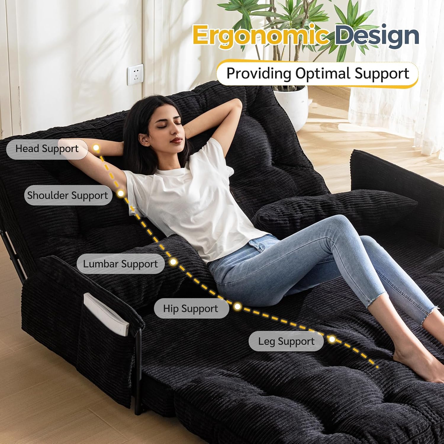 MAXYOYO Adjustable Floor Sofa Couch with 2 Pillows, Multi-Functional Bean Bag Bed, 5-Position Foldable Lazy Sofa Sleeper Bed with Armrest, Versatile Floor Seating for Reading, Black, Double