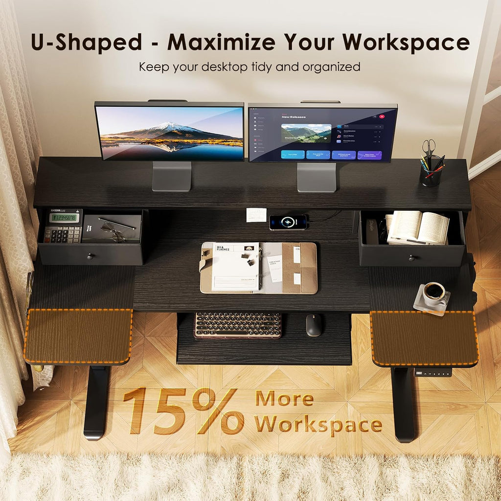 OffiGo U Shaped Electric Standing Desk with Drawers, 55 Inch Height Adjustable Desk with Keyboard Tray ＆ Ergonomic Monitor Stand, Sit Stand Table with Power Outlets for Home, Office, Black