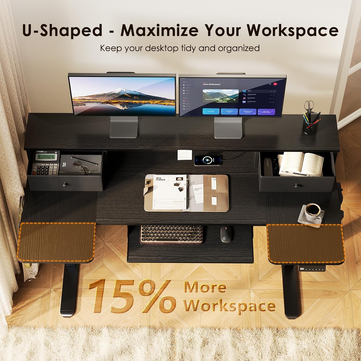 OffiGo U Shaped Electric Standing Desk with Drawers, 55 Inch Height Adjustable Desk with Keyboard Tray ＆ Ergonomic Monitor Stand, Sit Stand Table with Power Outlets for Home, Office, Black