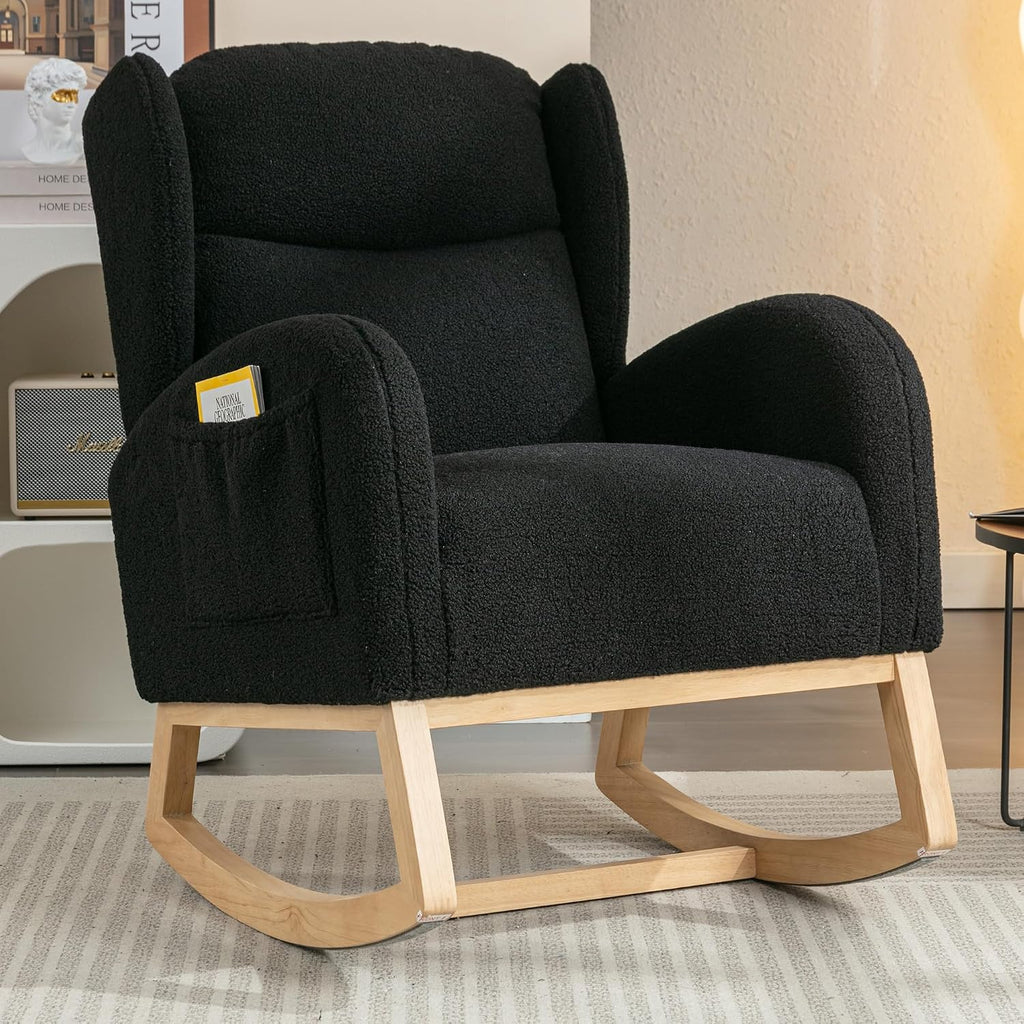 Nursery Glider Chair - Wingback Teddy Upholstered Rocking Chair with High Backrest, Ergonomic Rocker Chair for Breastfeeding & Baby Room, Modern Accent Armchair for Living Room & Bedroom, Black