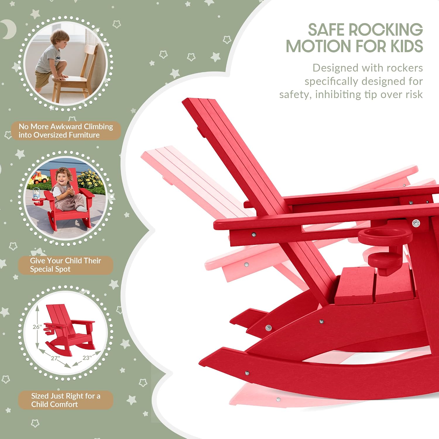 WestinTrends Ashore Outdoor HDPE Plastic Preschool Toddler Modern Adirondack Rocking Chairs (Set of 2), Red
