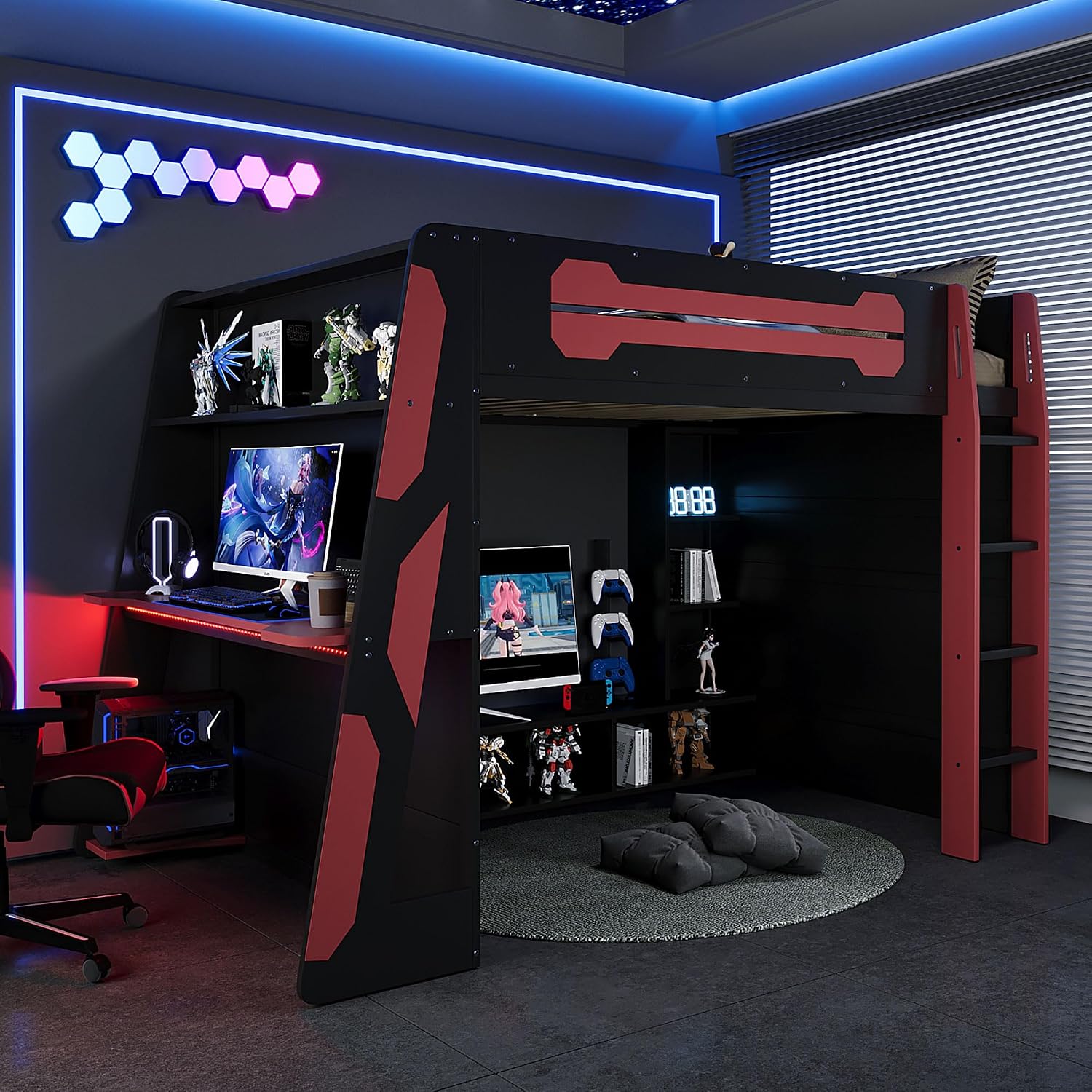 LUMISOL Full Size Gaming Loft Bed with Desk, Multi-Storage Shelves, RGB LED Lights & Built-in Charging Stations for Teens & Adults, Heavy Duty Support, Red Black