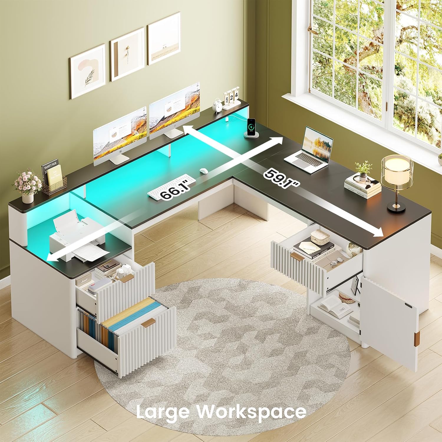 SEDETA 66' Modern L Shaped Desk with Drawers, Fluted Home Office Desk with File Cabinet and Printer Shelf, Wood Executive Desk with Monitor Stand, Led Lights, Power Outlets, White
