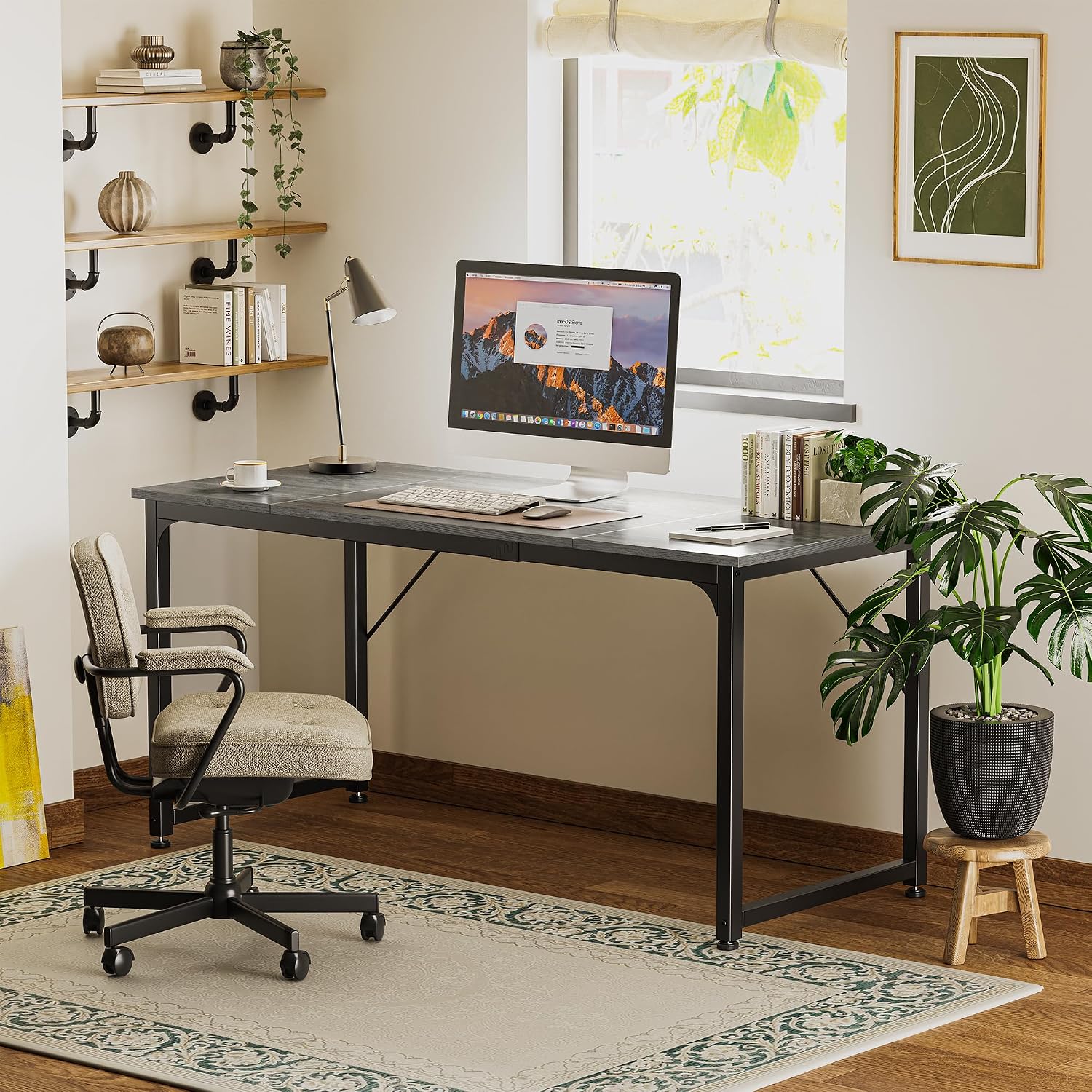 Huuger Computer Gaming Desk, 63 Inch Office Desk with Storage, Writing Work Surface for Home Office, Study, Modern Simple Style, Large Legroom, Metal Frame, Grey