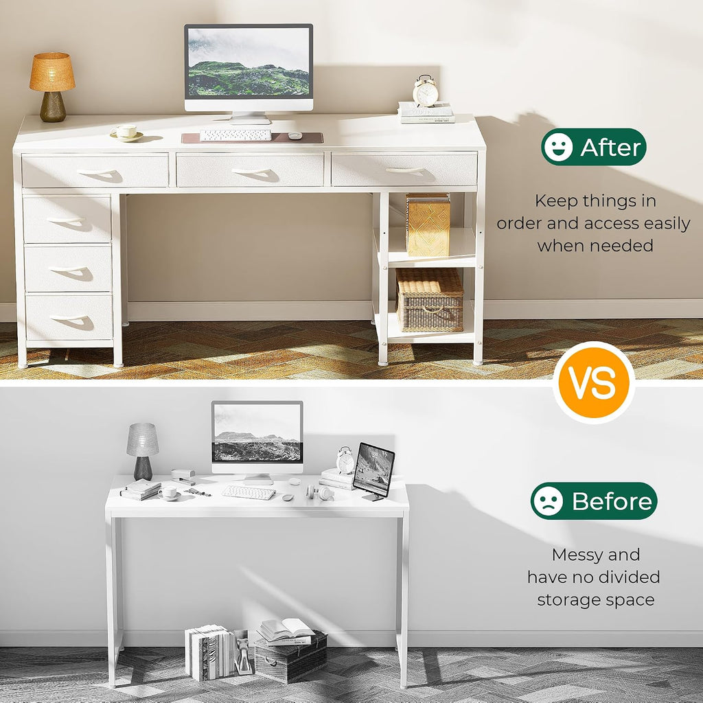 Huuger Computer Desk with 6 Drawers, Office Desk with Shelves, Reversible Gaming Desk, Corner Desk with Storage, Work for Home Office, Study, Living Room, 54inch, White