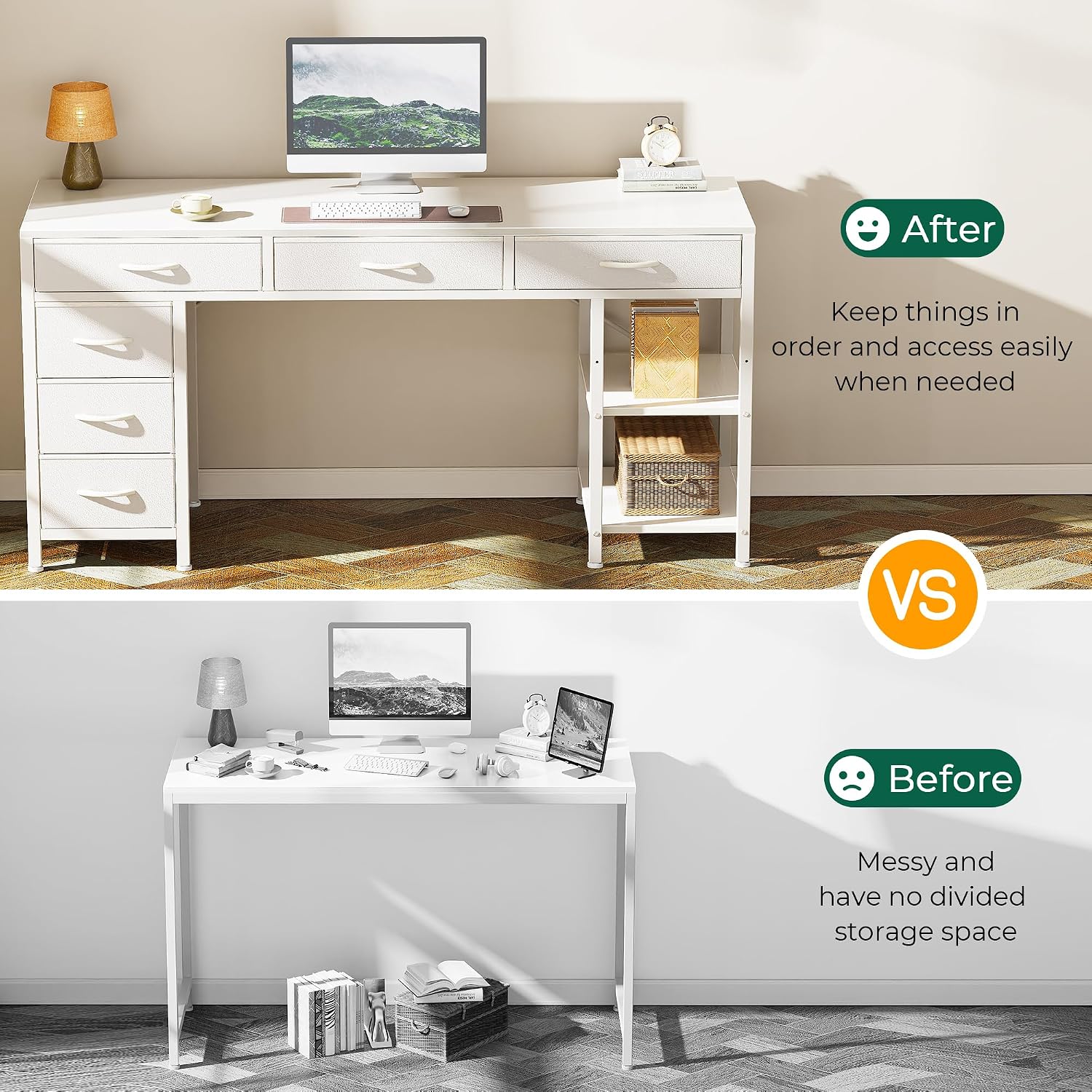 Huuger Computer Desk with 6 Drawers, Office Desk with Shelves, Reversible Gaming Desk, Corner Desk with Storage, Work for Home Office, Study, Living Room, 54inch, White