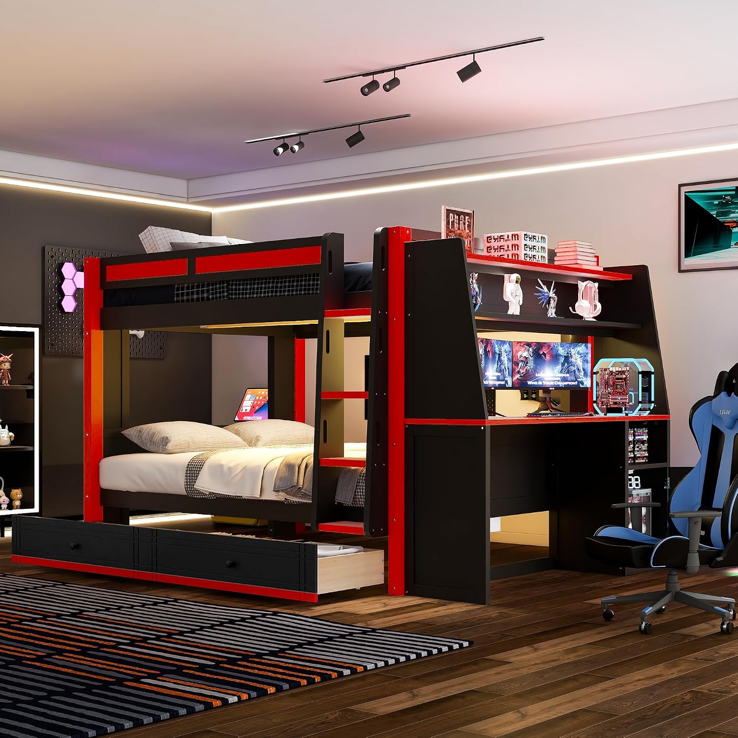 Full Size Multifunctional Bunk Bed with LED Light, Desk and Bookshelves, Drawers, Space-Saving Wooden Bunk Bed for Kids & Teens