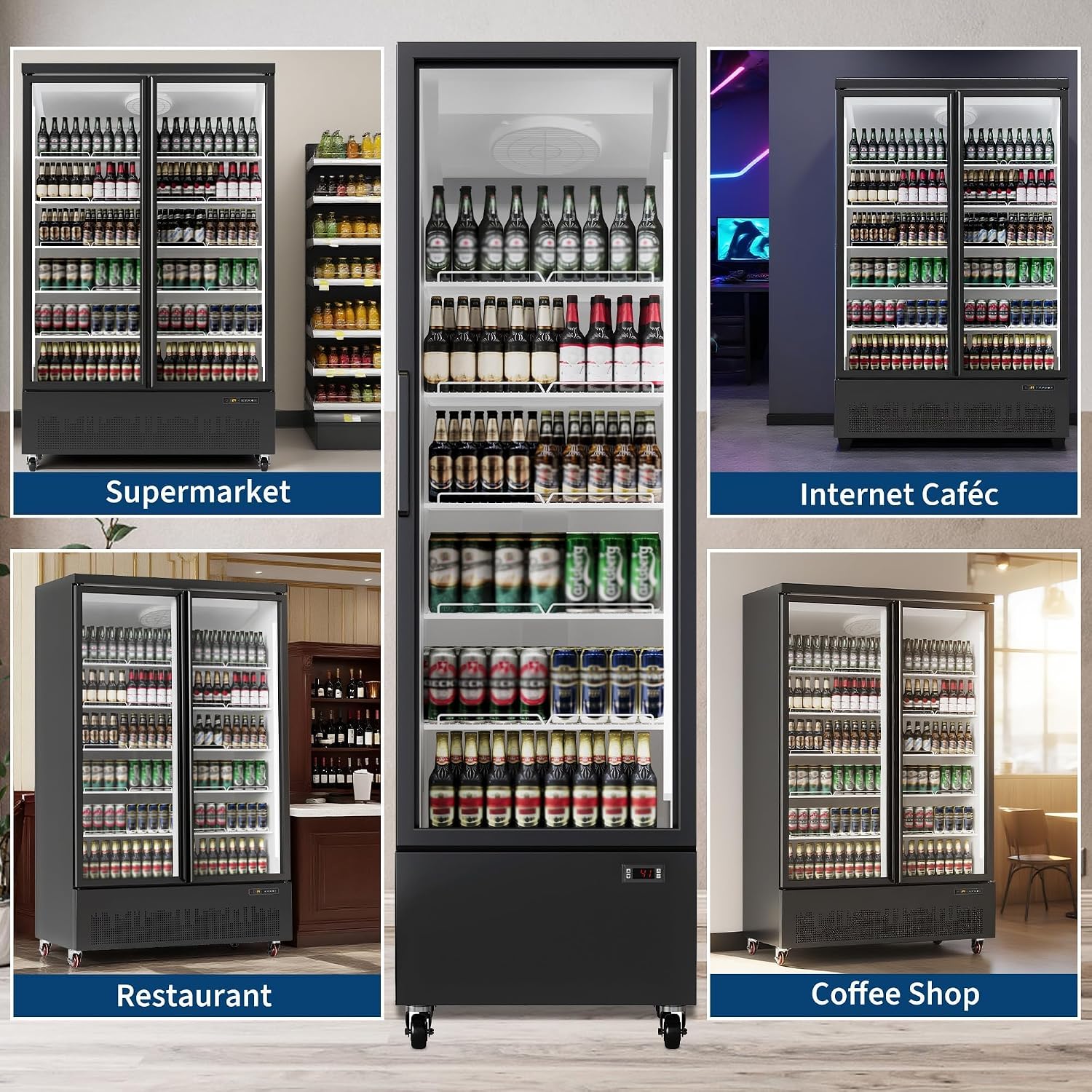 IDEALHOUSE Commercial Merchandiser Refrigerator, 13.4 Cu.Ft, Glass Door, Beverage Cooler, 5 Adjustable Shelves, Bar Fridge, Commercial Display, Large Capacity, Black, For Restaurant, Store, Bar