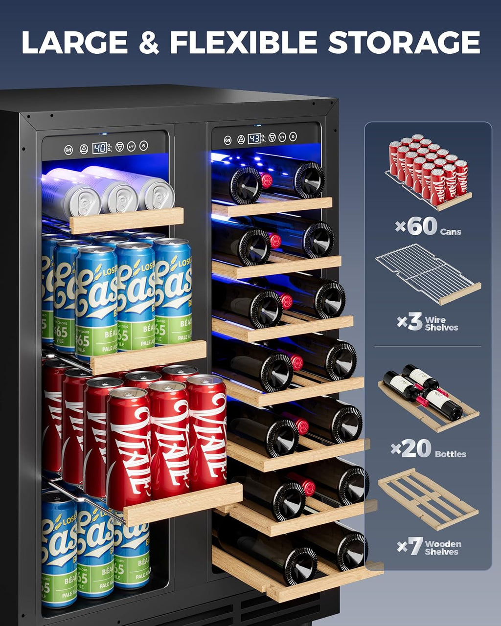 Wine and Beverage Refrigerator, 24 Inch Beverage Refrigerator with Glass Door, Wine Fridge Holds 20 Bottles & 60 Cans, Under Counter Refrigerator with Quiet Cooling System & LED Light