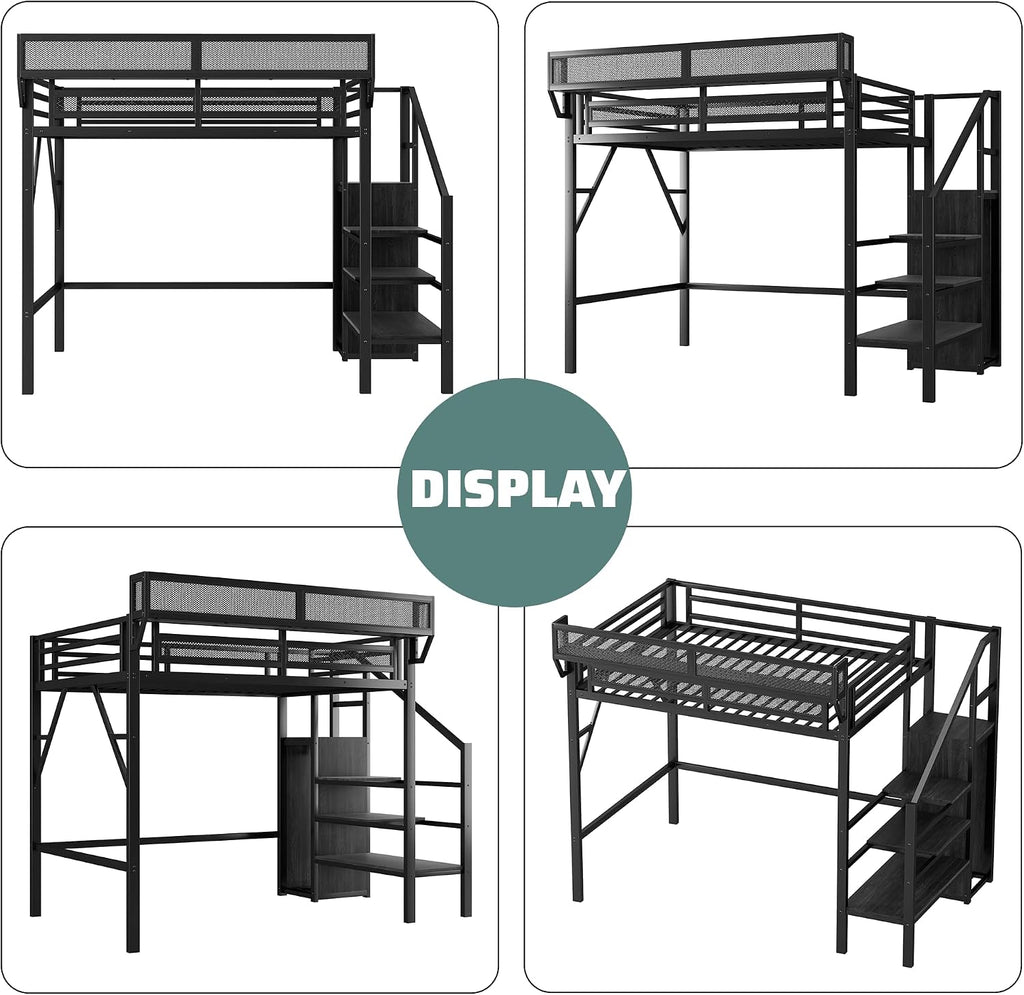 Twin Size Loft Bed with Stairs, Metal Loft Beds Twin with Storage Shelves, Adults Loft Bed with Wardrobe, Heavy Duty High Lofted Bed for Kids Teens,Black +Black Stair