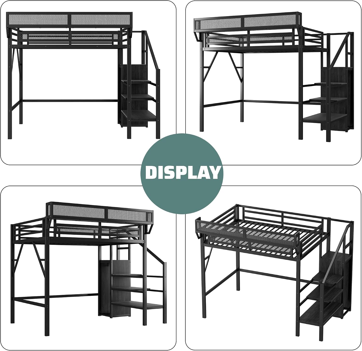 Twin Size Loft Bed with Stairs, Metal Loft Beds Twin with Storage Shelves, Adults Loft Bed with Wardrobe, Heavy Duty High Lofted Bed for Kids Teens,Black +Black Stair