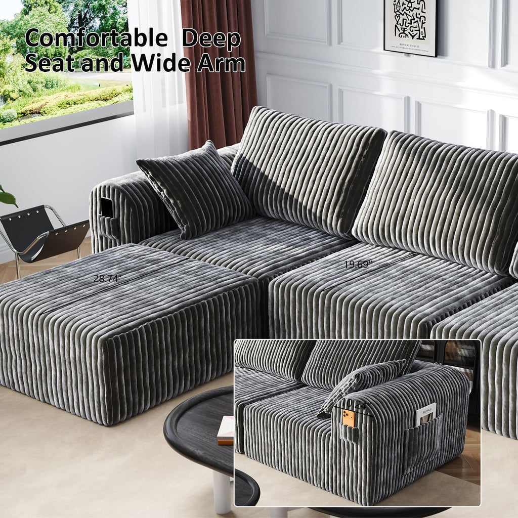 Modular Sectional Sofa, Boneless Couches for Living Room, L-Shape Sofa Couches,Cloud Couch Sectional, Comfy Corduroy Sofa, with Deep Seat, No Assembly Required (Gray, 4 Seater + 2 Ottoman)