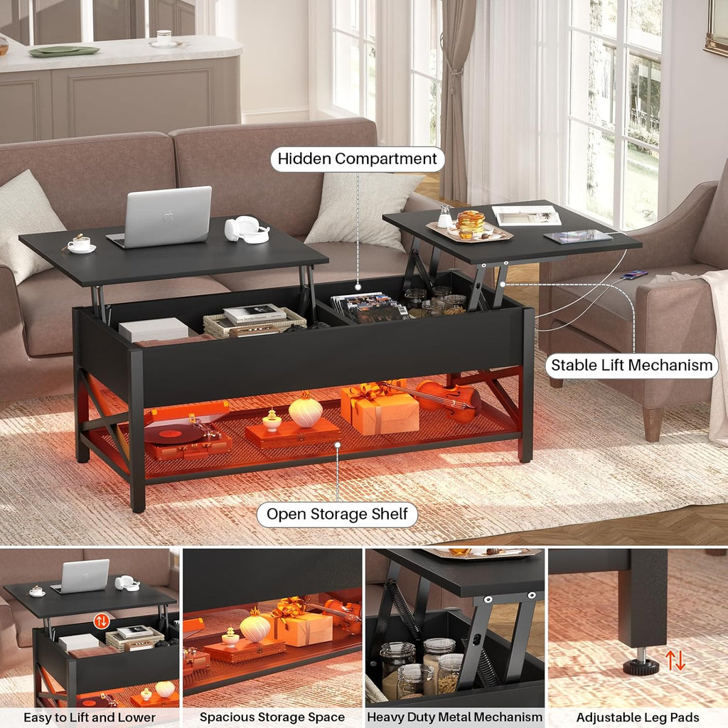 Aheaplus Black Lift-Top Coffee Table with LED Light, Power Outlets and Storage Shelf, 41.7'W x 19.69'L x 19.7'H