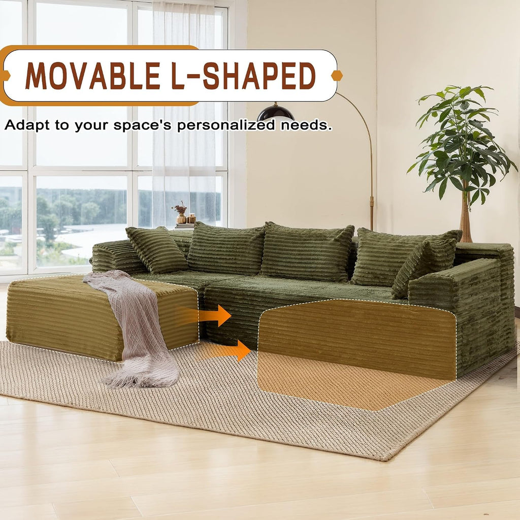 Korser 110' L-Shaped Modular Sectional Sofa with Chaise, Boneless Comfy Corduroy Fluffy Couch with Deep Seat and Side Pockets, Flexible Module Combination for Living Room, No Assembly, Side Pockets