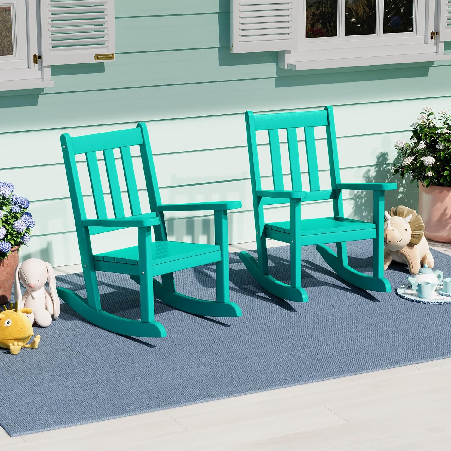 WestinTrends Malibu Outdoor HDPE Plastic Preschool Toddler Rocking Chairs (Set of 2), Turquoise