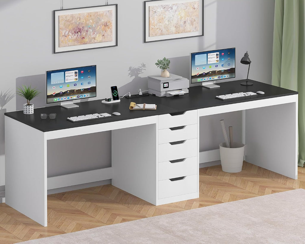 YOMILUVE 2 Person Desk with 5 Drawers and Power Outlets, 78.7 Inch Long Computer Desk with Storage File Cabinet, Two Person Home Office Double Desk with Storage, Black and White
