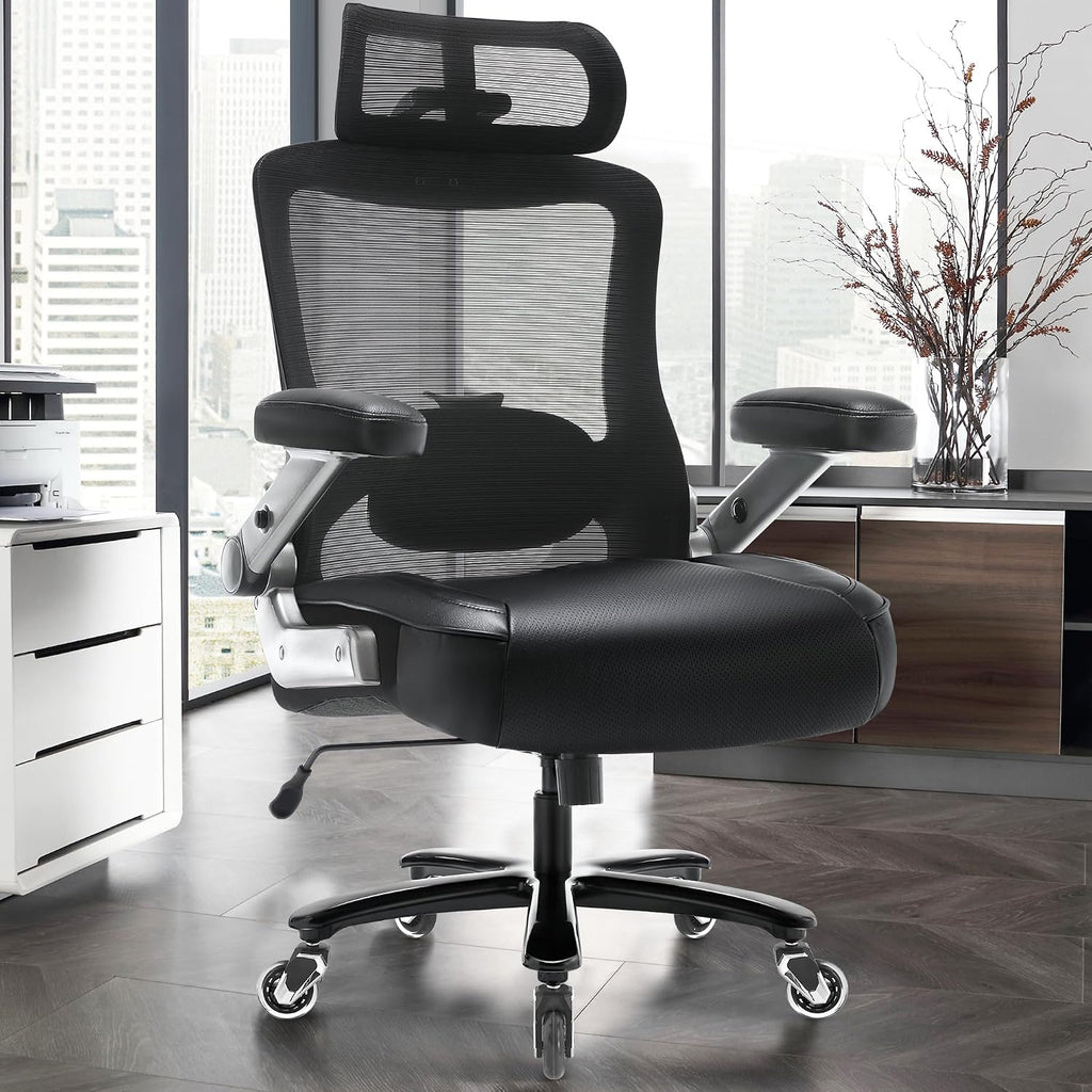 600lbs Big and Tall Office Chair- Heavy Duty Executive Computer Chair with 3D Flip Arms Large Wheels, Ergonomic Mesh High Back Desk Chair, Extra Wide Seat Adjustable Lumbar Support&Headrest
