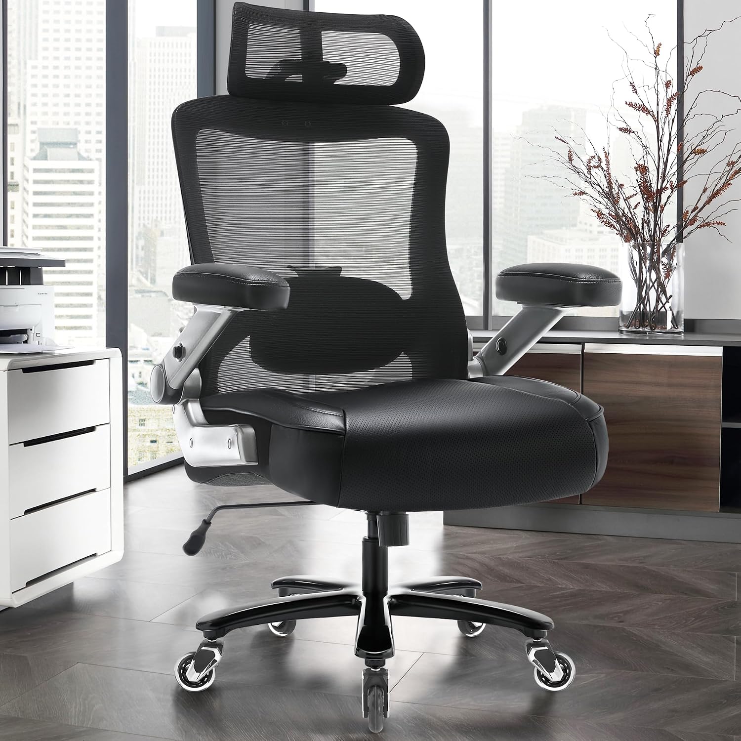 600lbs Big and Tall Office Chair- Heavy Duty Executive Computer Chair with 3D Flip Arms Large Wheels, Ergonomic Mesh High Back Desk Chair, Extra Wide Seat Adjustable Lumbar Support&Headrest