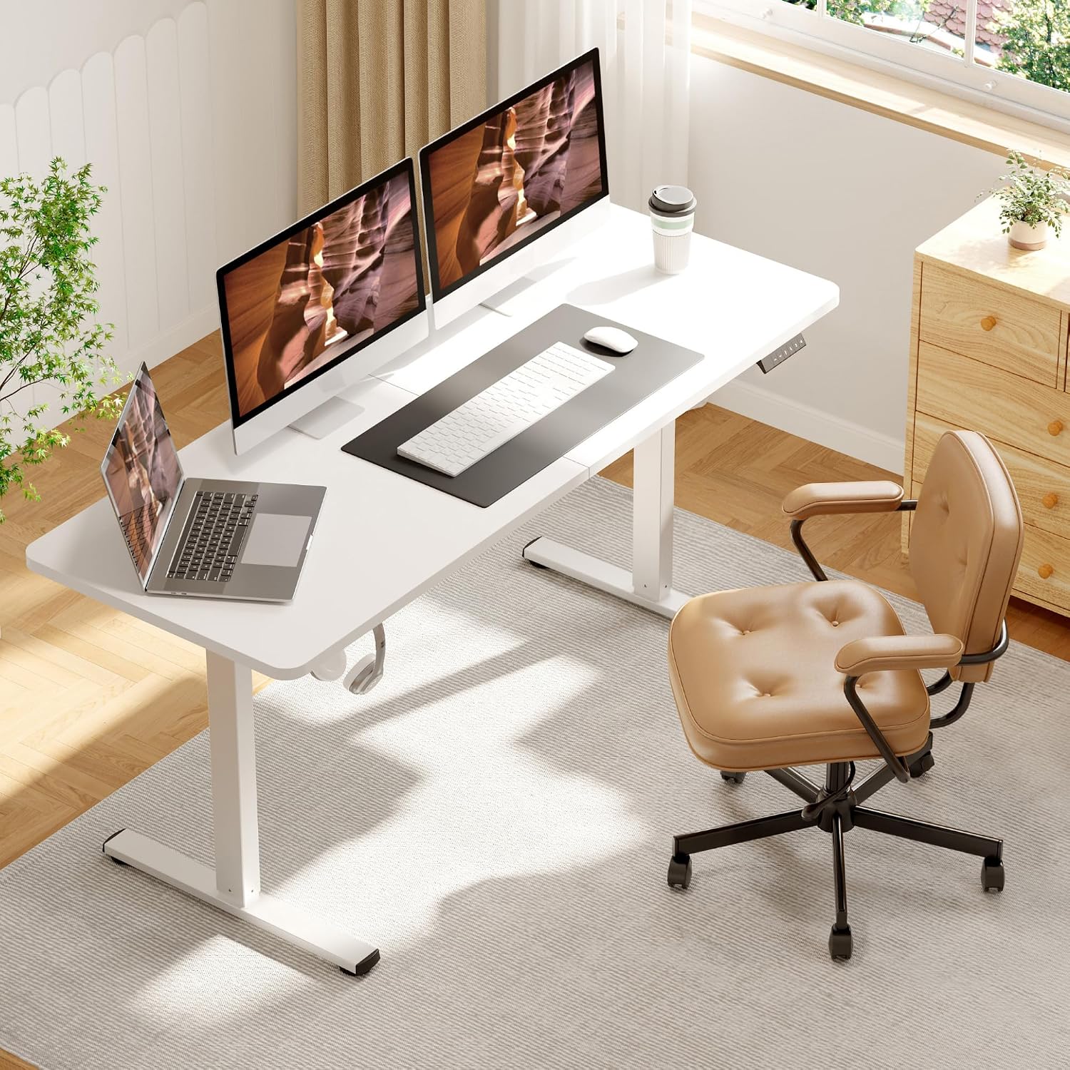 AdjustableStanding Desk 63 x 24 Inch Home Office Desk with Memory Preset, Computer Workstation Splice White Top Frame