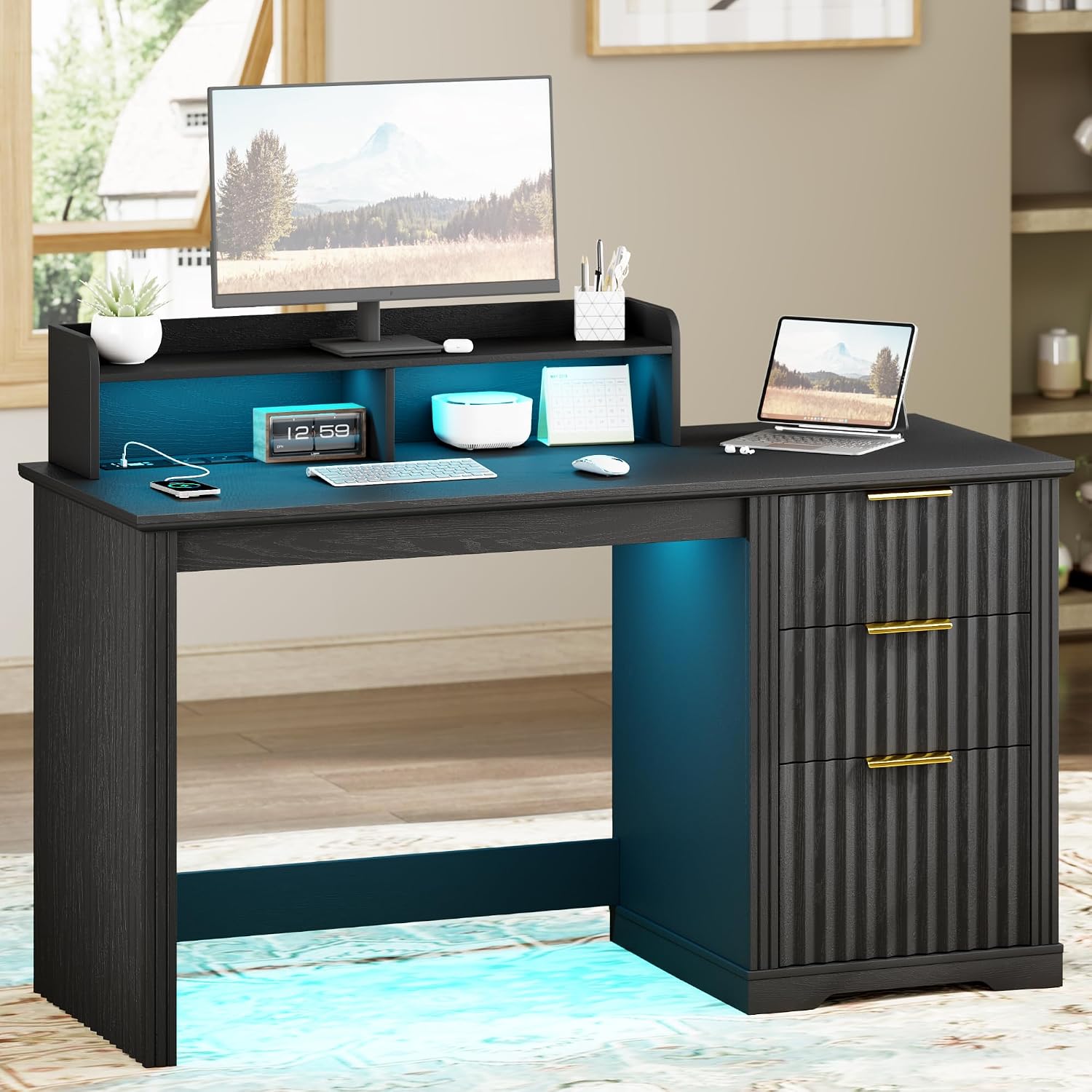 Lareth Computer Desk with Monitor Stand, 47 inch Home Office Desk with RGB LED Lights and Power Outlets, Writing Desk with Storage File Drawer for Working Gaming Writing, Black