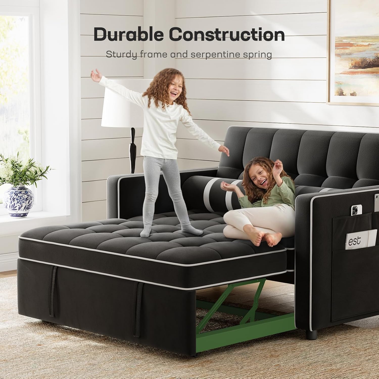 Marsail 3-in-1 Convertible Futon Sleeper Sofa Bed, Pull Out Couch with Adjustable Backrest, USB Charging & Side Pockets, Velvet Fabric Sofa for Living Room, Apartment, Loveseat, Black