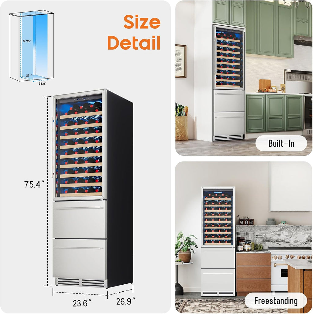 Albott 24 Inch Wine and Beverage Refrigerator, 2 In 1 Dual Zone 49 Bottle Wine Cooler 37–72℉ with Soft LED Light, Hold 108 Bottles and 150 Cans, Built-in or Freestanding Design for Home and Bar