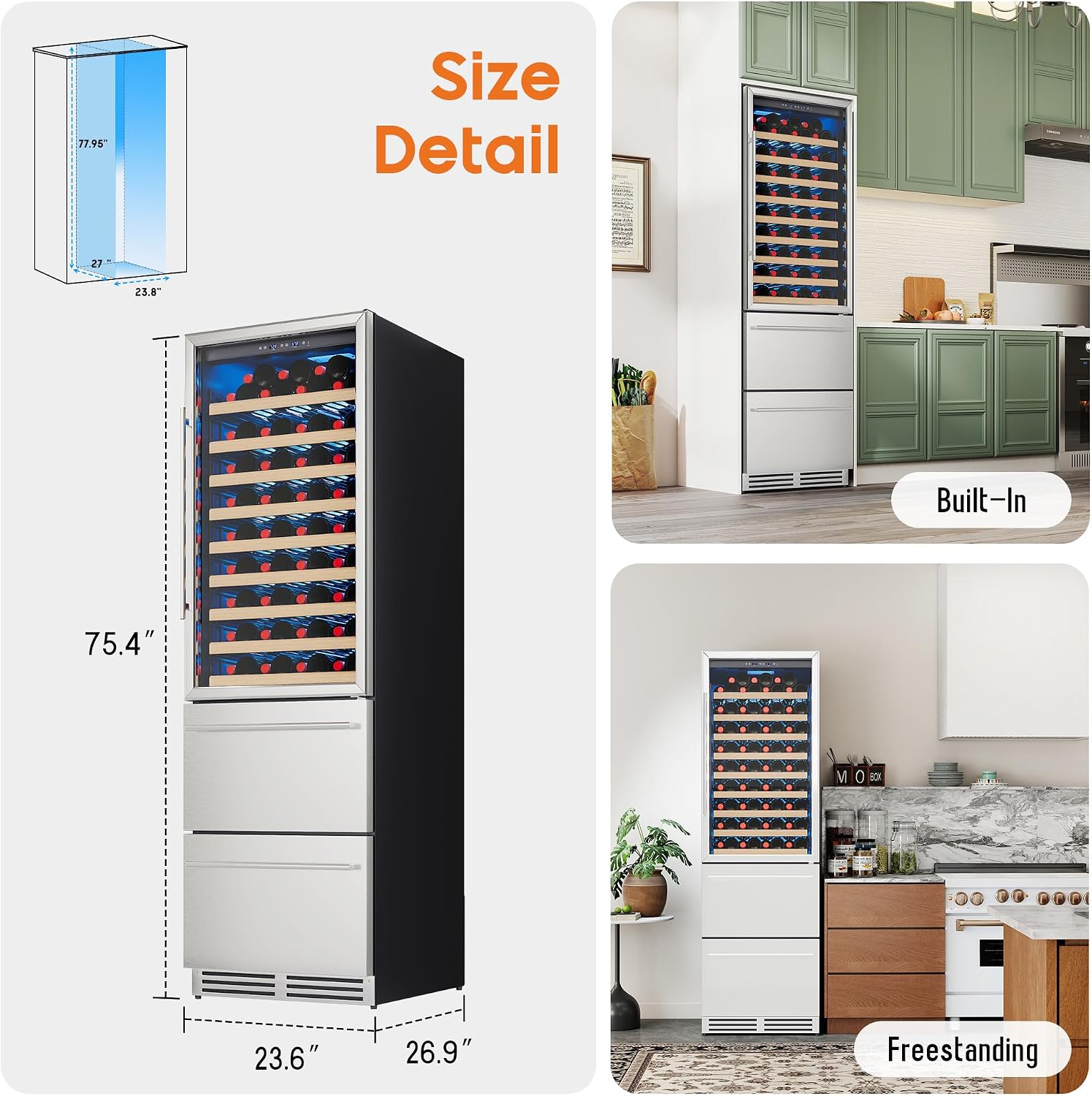 Albott 24 Inch Wine and Beverage Refrigerator, 2 In 1 Dual Zone 49 Bottle Wine Cooler 37–72℉ with Soft LED Light, Hold 108 Bottles and 150 Cans, Built-in or Freestanding Design for Home and Bar