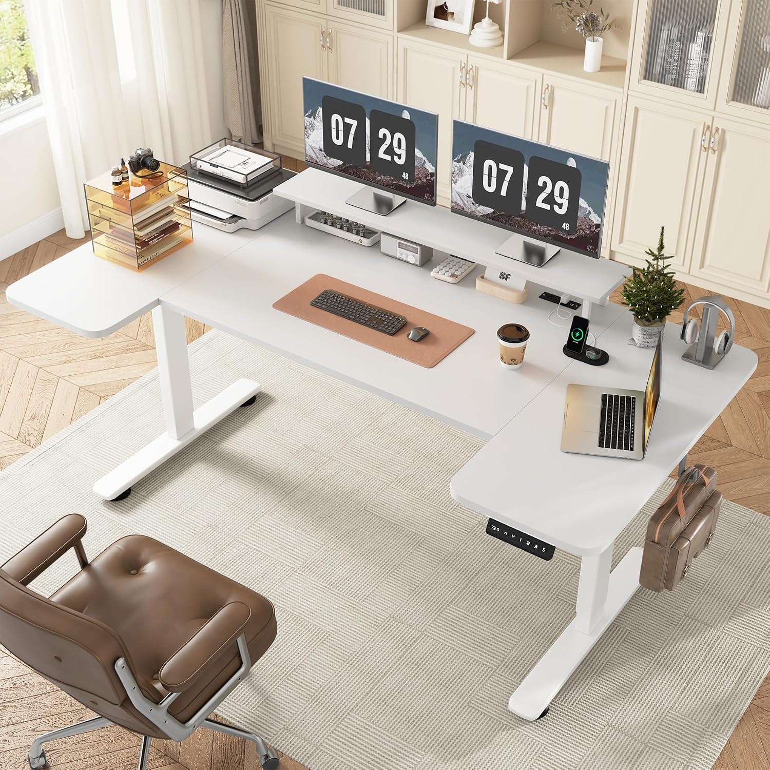 EnHomee 71 x 36 Inch U Shaped Electric Standing Desk, Height Adjustable Desk with Power Outlet, 3 Memory Height Preset,Monitor Shelf for Home Office Work Study Gaming, White