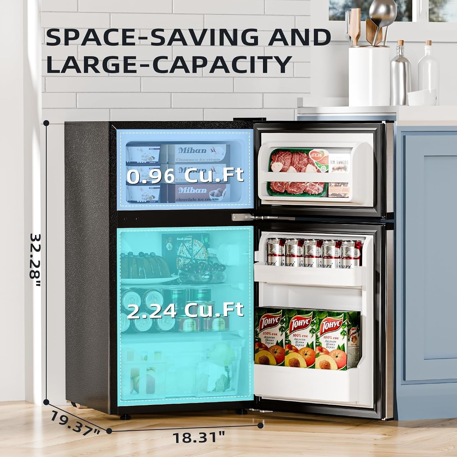 Antarctic Star 3.2 Cu.Ft,Mini Refrigerator with Freezer,Double Door Mini Fridge,Compact Refrigerator,Adjustable Thermostat,Mini Refrigerator for Bedroom/Office/Dorm/Kitchen(Silver)