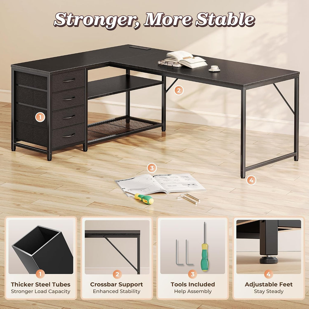 PRAISUN 61' L Shaped Desk with Power Outlets and USB-C Port, Reversible Computer Corner Office Desk with 4 Fabric Drawers and 2 Height-Adjustable Shelves, Large for Gaming Writing Work Study, Black