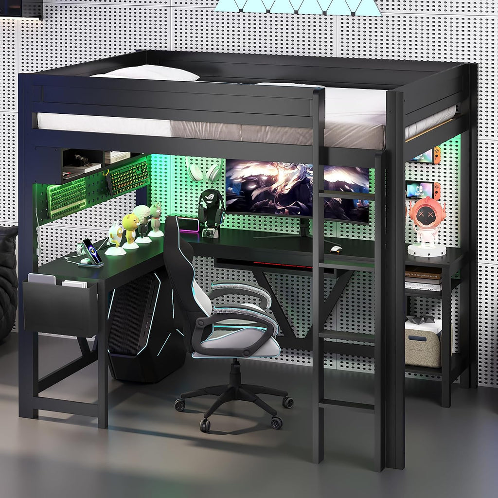 Unique Wood Full Size Gaming Loft Bed with Desk and Storage Shelves,LED and Charging Station,for Kids Teens Adults Bedroom Use (Black/LED, Full)