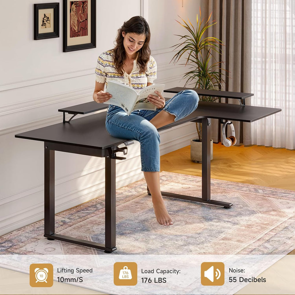 L Shaped Standing Desk, 63x43'' Electric L Stand Up Desk with 2 Adjustable Monitor Shelves, Dual Motor and Memory Controller, Adjustable Height from 28-46'' for Home and Computer Workstation, Black