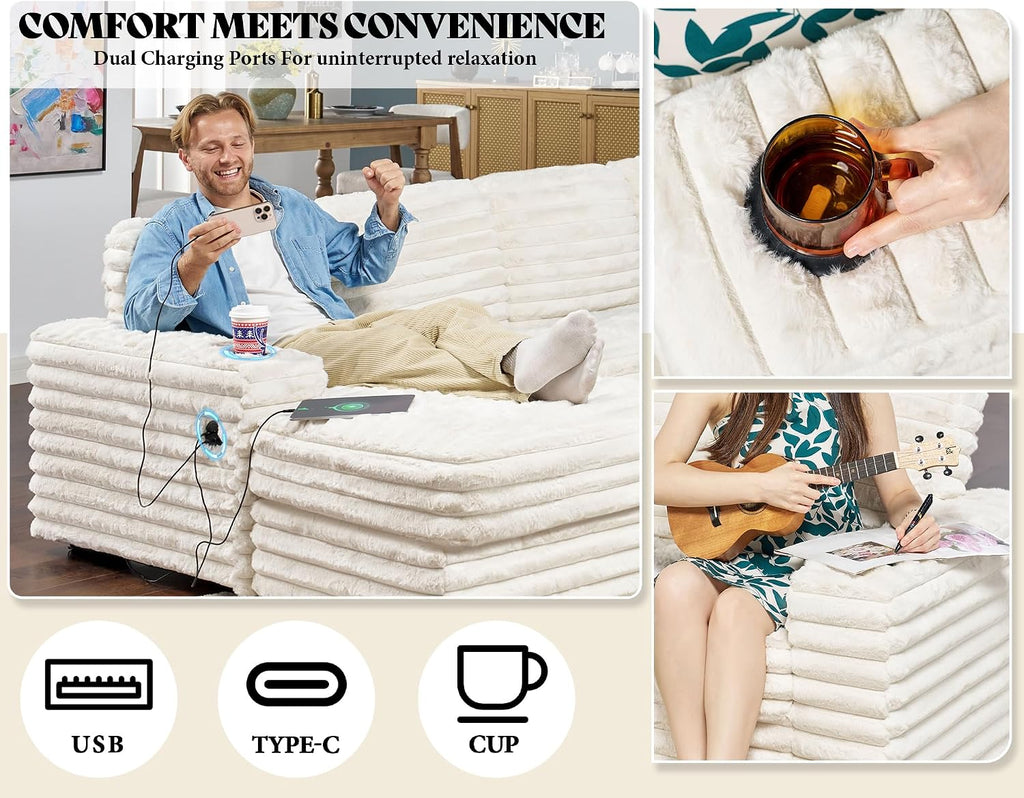 AMERLIFE 112 Inch U Shaped Couch, Oversized Couch with Storage Chaise & Cup Holders, Sectional Sofa with USB & Type-C Charging Ports, Faux Fur White Sofa