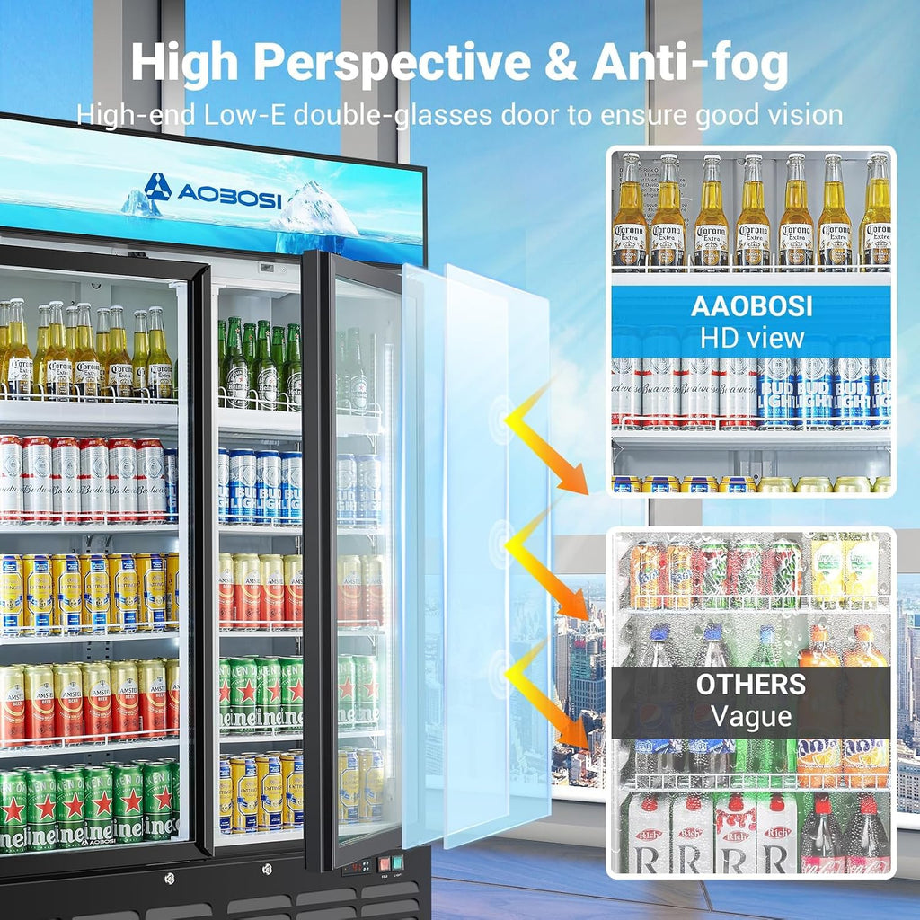 AAOBOSI 44'Commercial Merchandiser Refrigerator,27.02 Cu.Ft Glass Door Display Refrigerator,Upright Beverage Fridge with Soft LED Light,Customizable Lightbox,Universal Casters,Adjustable Shelves
