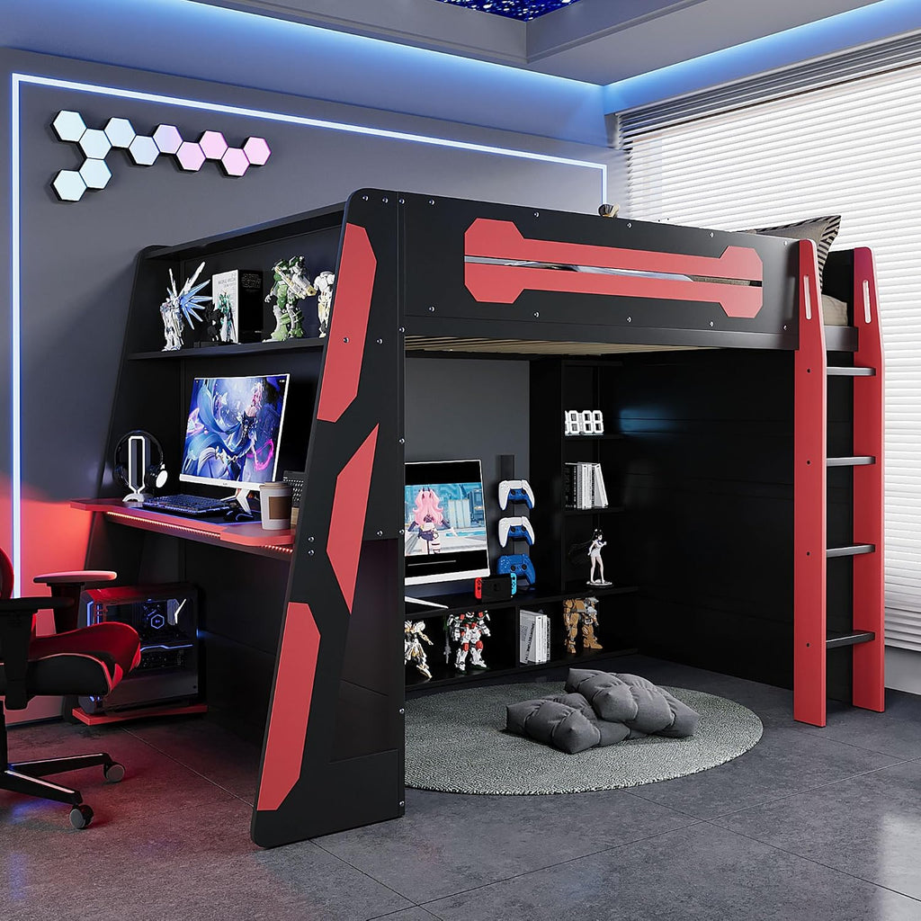 LUMISOL Full Size Gaming Loft Bed with Desk, Multi-Storage Shelves, RGB LED Lights & Built-in Charging Stations for Teens & Adults, Heavy Duty Support, Red Black