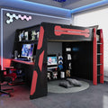 LUMISOL Full Size Gaming Loft Bed with Desk, Multi-Storage Shelves, RGB LED Lights & Built-in Charging Stations for Teens & Adults, Heavy Duty Support, Red Black