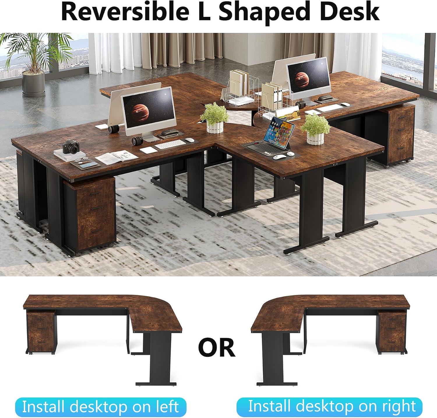 Tribesigns 83' L-Shaped Executive Desk, Large Office Desk with Drawers, Industrial Corner Computer Table with Rolling File Cabinet, Business Workstation for Home Office (Brown, 83 Inches)