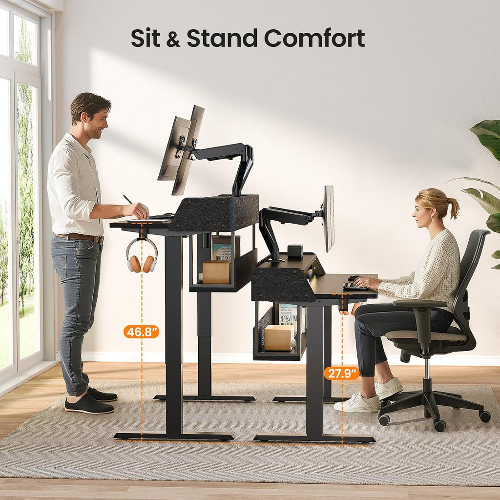 ErGear Electric Standing Desk, 55x28 Inch Adjustable Sit Stand Desk with Bookshelf & Monitor Stand, Standing Gaming Desk with LED Light Strip, Stand Up Desk for Home Office, Black