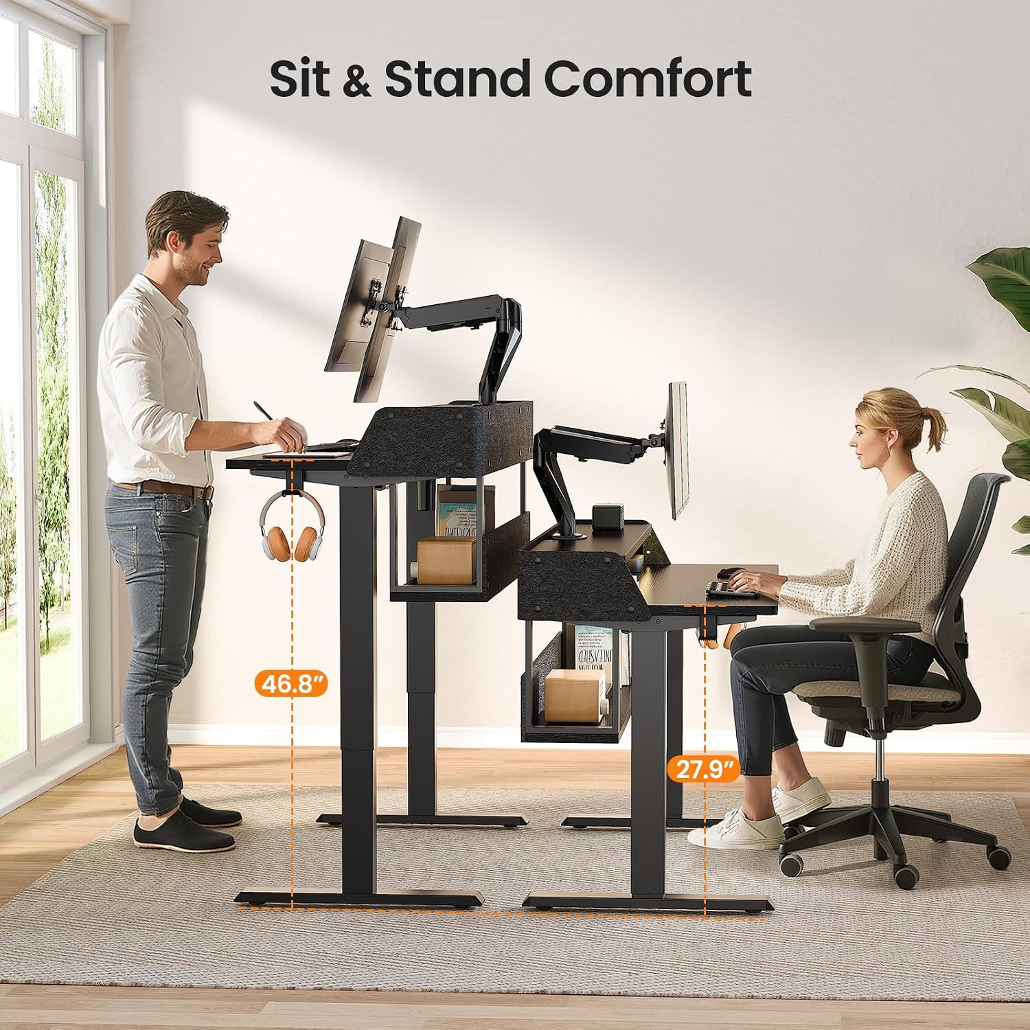 ErGear Electric Standing Desk, 55x28 Inch Adjustable Sit Stand Desk with Bookshelf & Monitor Stand, Standing Gaming Desk with LED Light Strip, Stand Up Desk for Home Office, Black