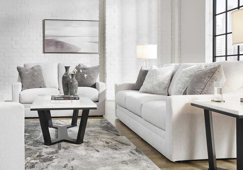 Signature Design by Ashley Maitelynn Contemporary Loveseat with Accent Pillows, Reversible Cushions and Sloped Arms, Light Gray
