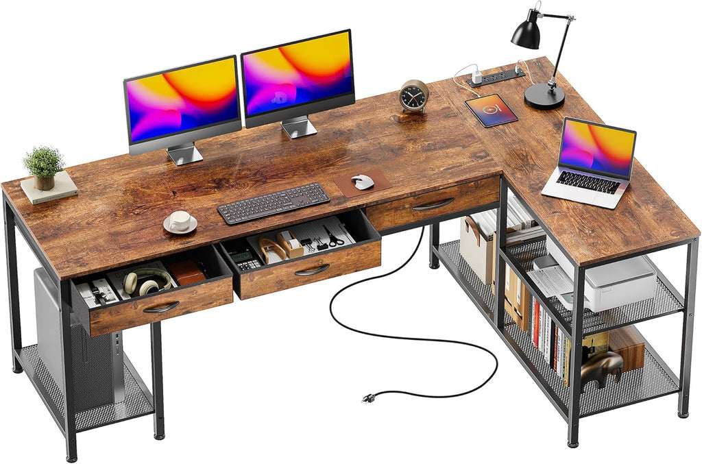 PRAISUN 63 Inch L Shaped Office Desk with Power Outlets and Type-C Port, Large Computer Gaming Desk with 3 Fabric Drawers, Mesh Shelves, Corner Study Work Writing Desk, Rustic Brown