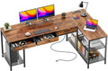 PRAISUN 63 Inch L Shaped Office Desk with Power Outlets and Type-C Port, Large Computer Gaming Desk with 3 Fabric Drawers, Mesh Shelves, Corner Study Work Writing Desk, Rustic Brown