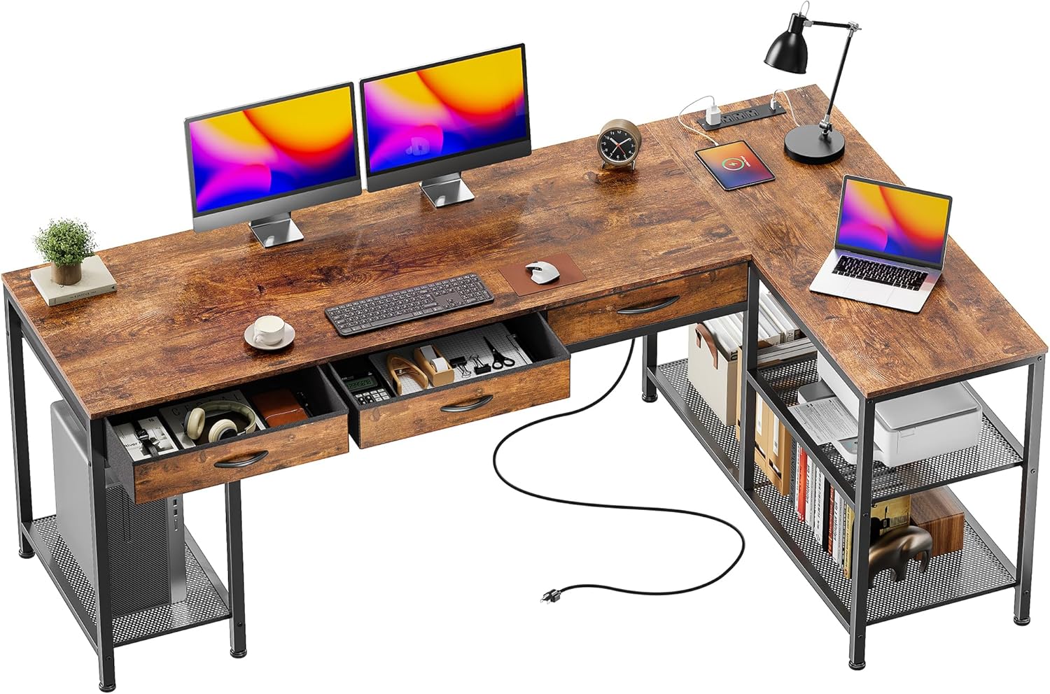 PRAISUN 63 Inch L Shaped Office Desk with Power Outlets and Type-C Port, Large Computer Gaming Desk with 3 Fabric Drawers, Mesh Shelves, Corner Study Work Writing Desk, Rustic Brown