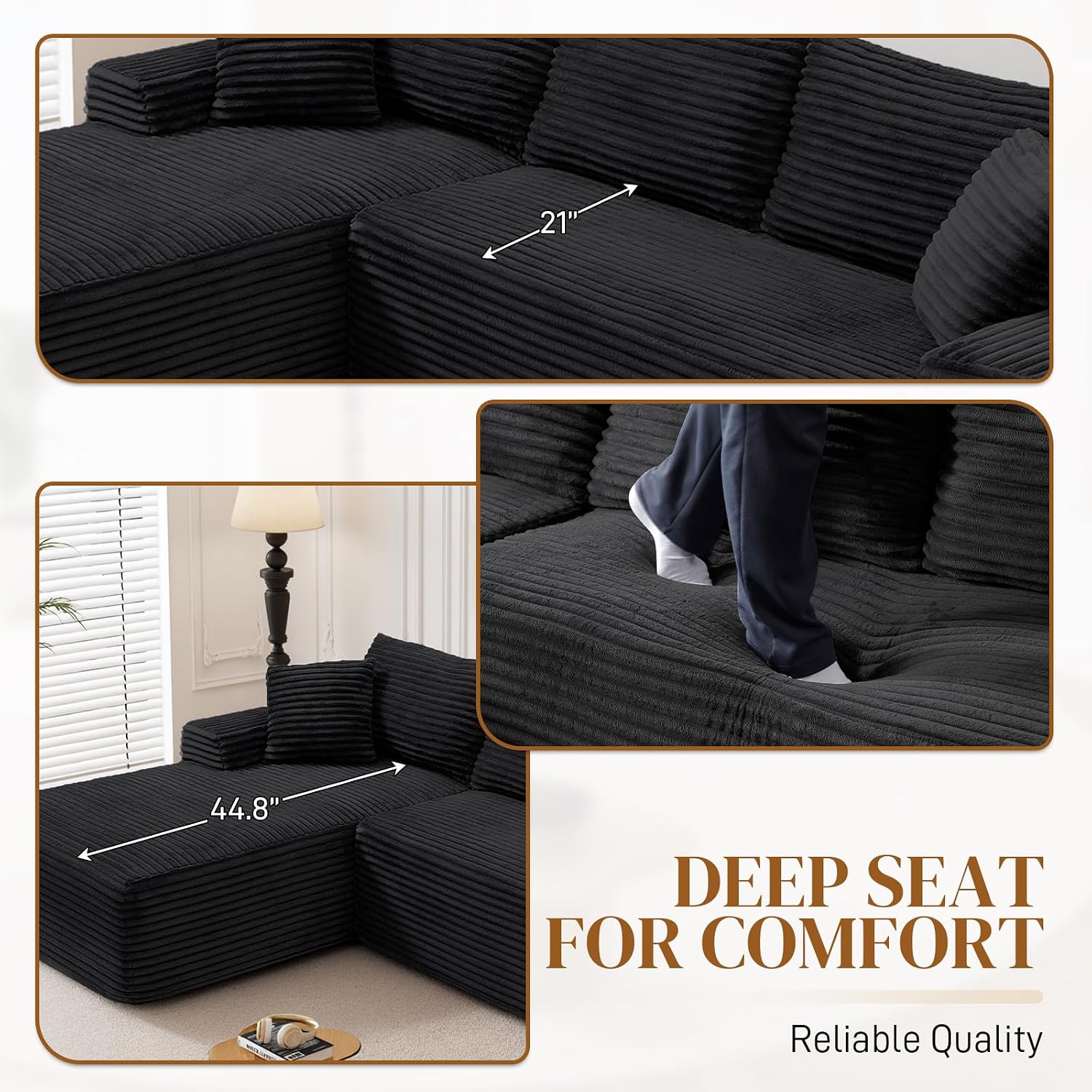 95' L Shaped Boneless Sectional Couches, Wide Armrest, Deep Seat, Memory Foam, Assembly Free, Modern Comfy Corduroy Fluffy Cloud Sofa with Left Chaise for Living Room, Small Spaces, Black